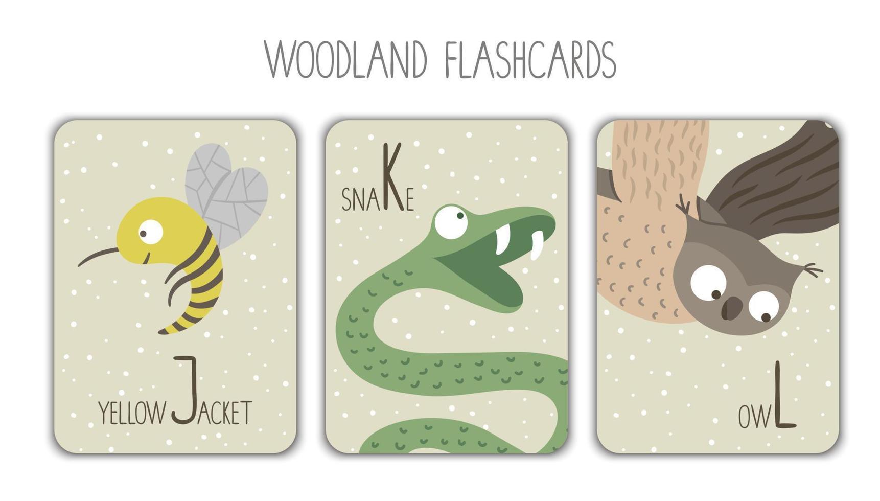 colorato alfabeto lettere j, K, l. fonetica flashcard. carino bosco a tema abc carte per insegnamento lettura con divertente giallo giacca, serpente, gufo. vettore
