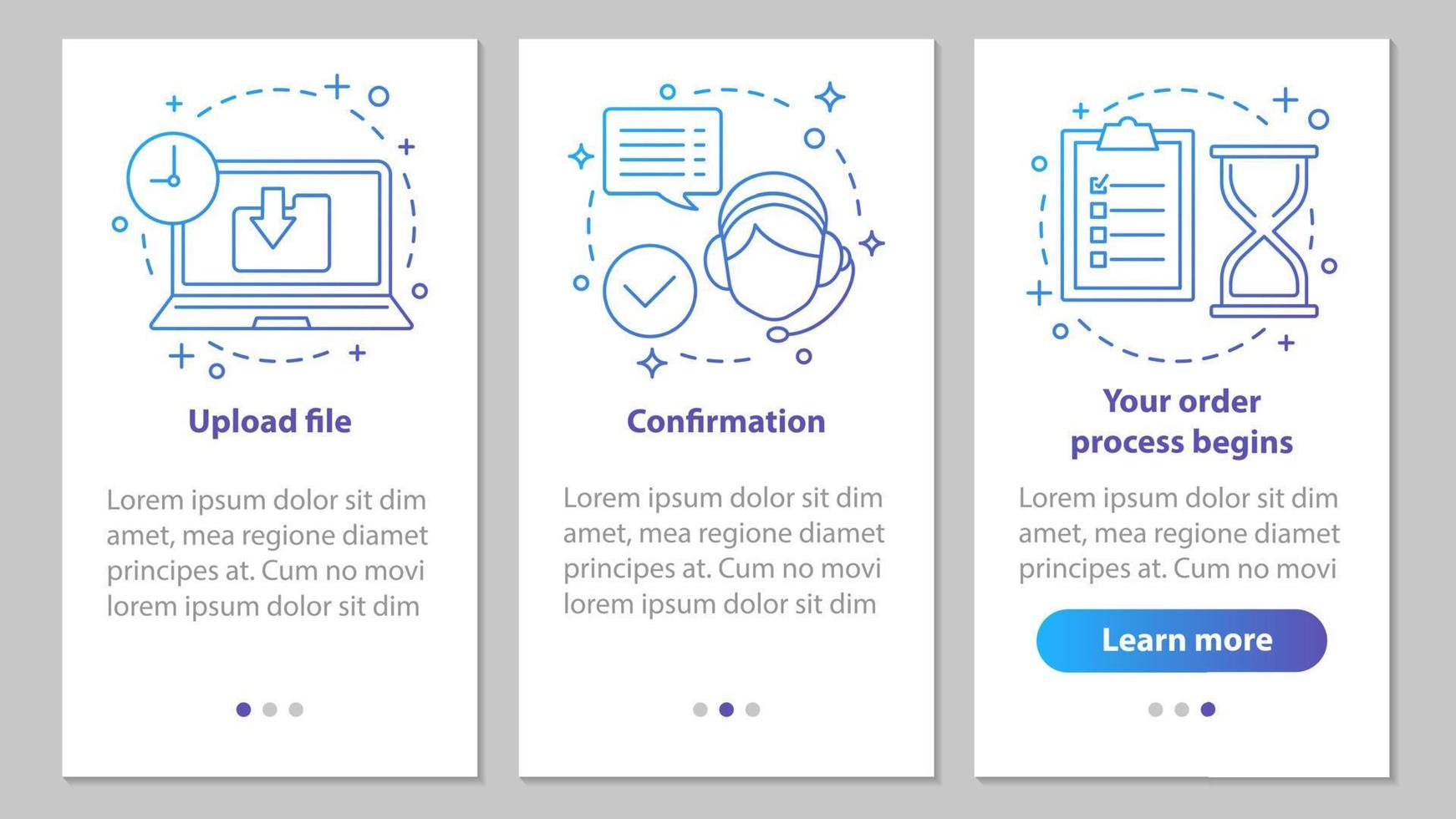 assistenza clienti onboarding schermata della pagina dell'app mobile con concetti lineari. caricamento file, conferma, elaborazione dell'ordine. istruzioni grafiche delle fasi del servizio digitale. ux, ui, illustrazioni vettoriali gui