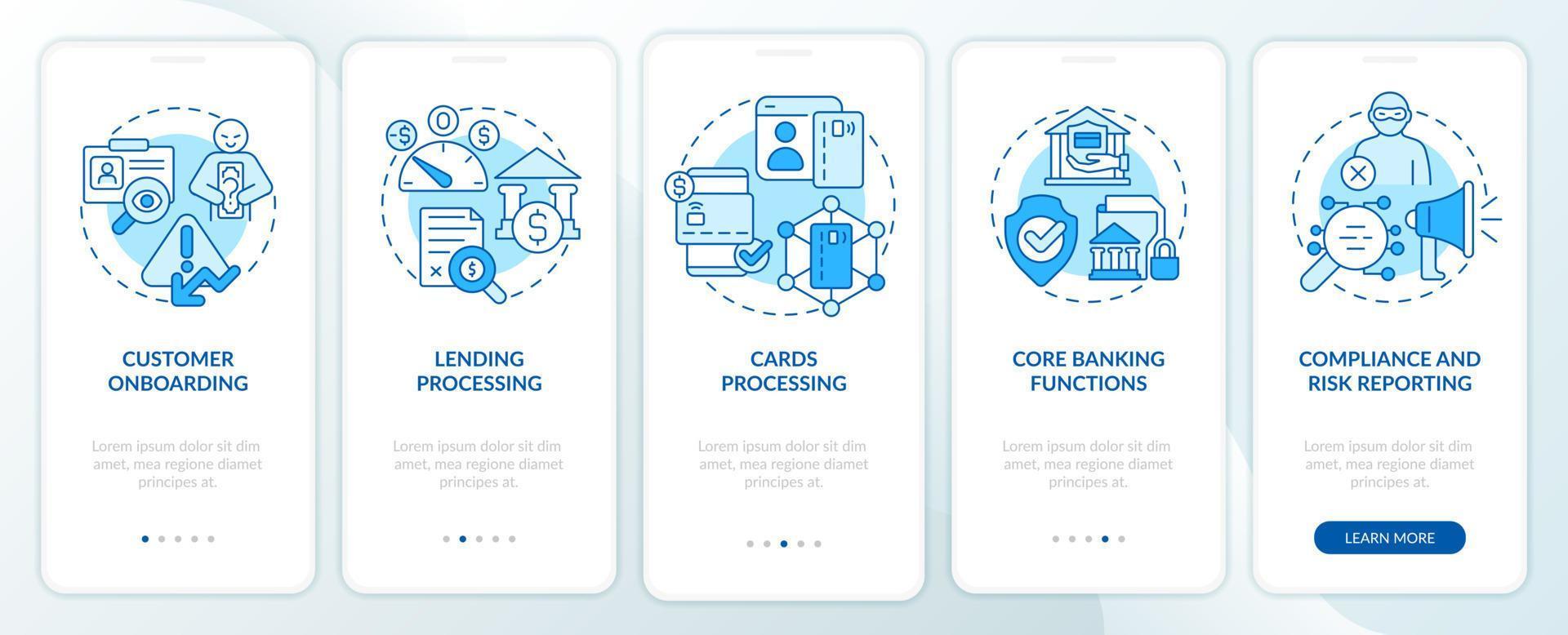 automatizzato bancario blu onboarding mobile App schermo. autonomo operazione Procedura dettagliata 5 passaggi grafico Istruzioni pagine con lineare concetti. ui, ux, gui modello. miriade pro-audace, regolare font Usato vettore