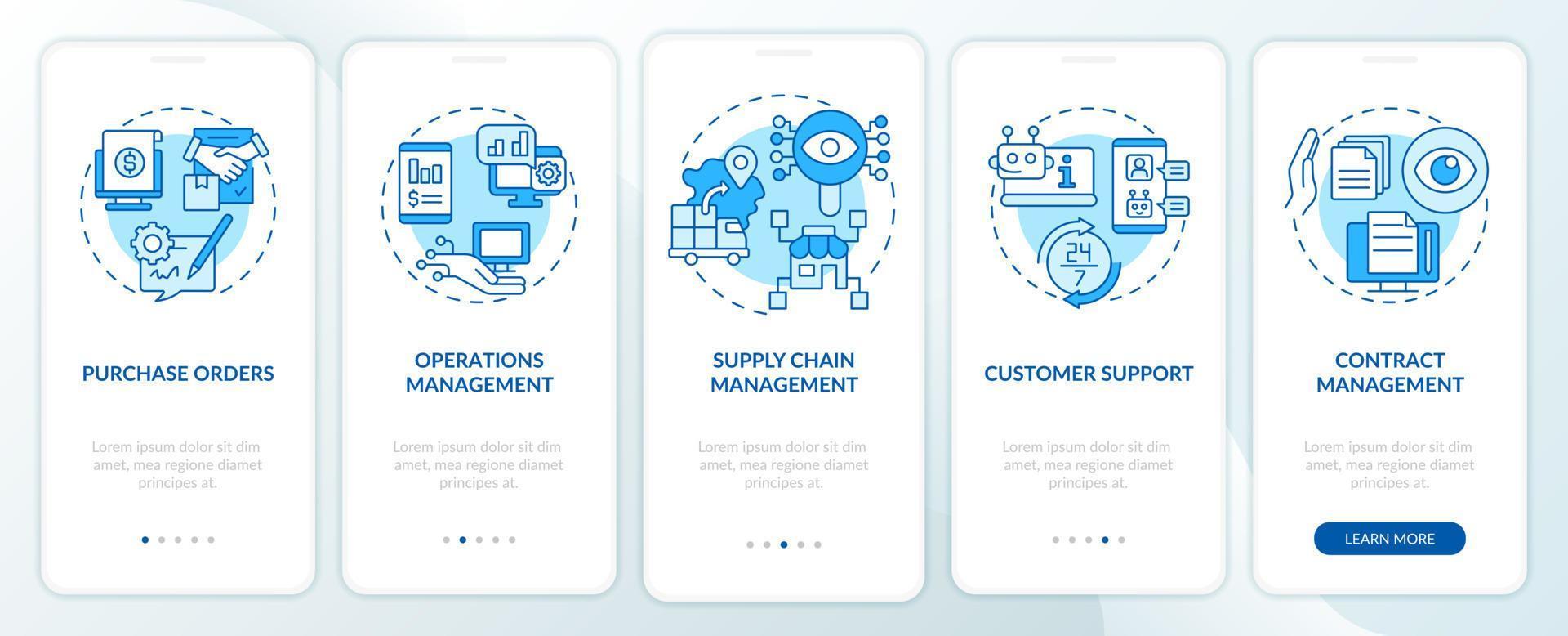 attività commerciale automazione blu onboarding mobile App schermo. Procedura dettagliata 5 passaggi grafico Istruzioni pagine con lineare concetti. ui, ux, gui modello. miriade pro-audace, regolare font Usato vettore