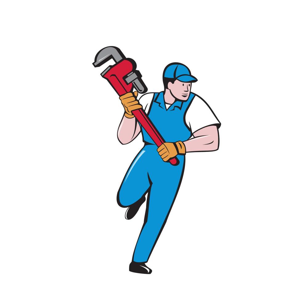 idraulico in esecuzione tubo chiave inglese cartone animato vettore