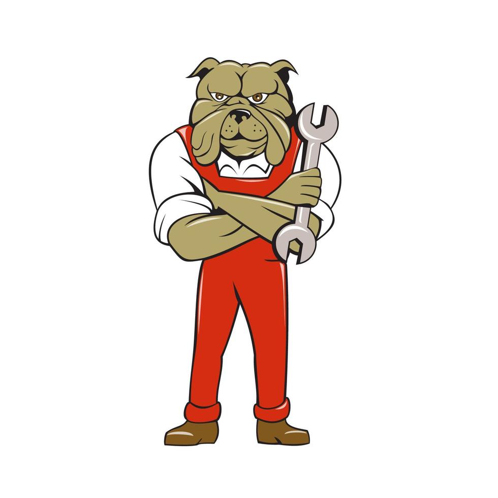 bulldog meccanico braccia attraversato chiave cartone animato vettore