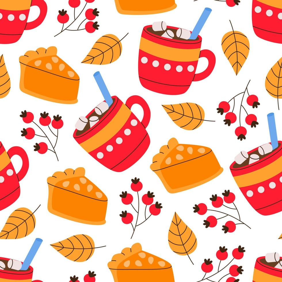 hygge autunno modello con caduta foglia, frutti di bosco di sorbo, zucca torta, marshmallow caffè. rosa fianchi. accogliente autunno illustrazione. per sfondo, ragnatela, saluto carte, tessuto, tessile, struttura. vettore