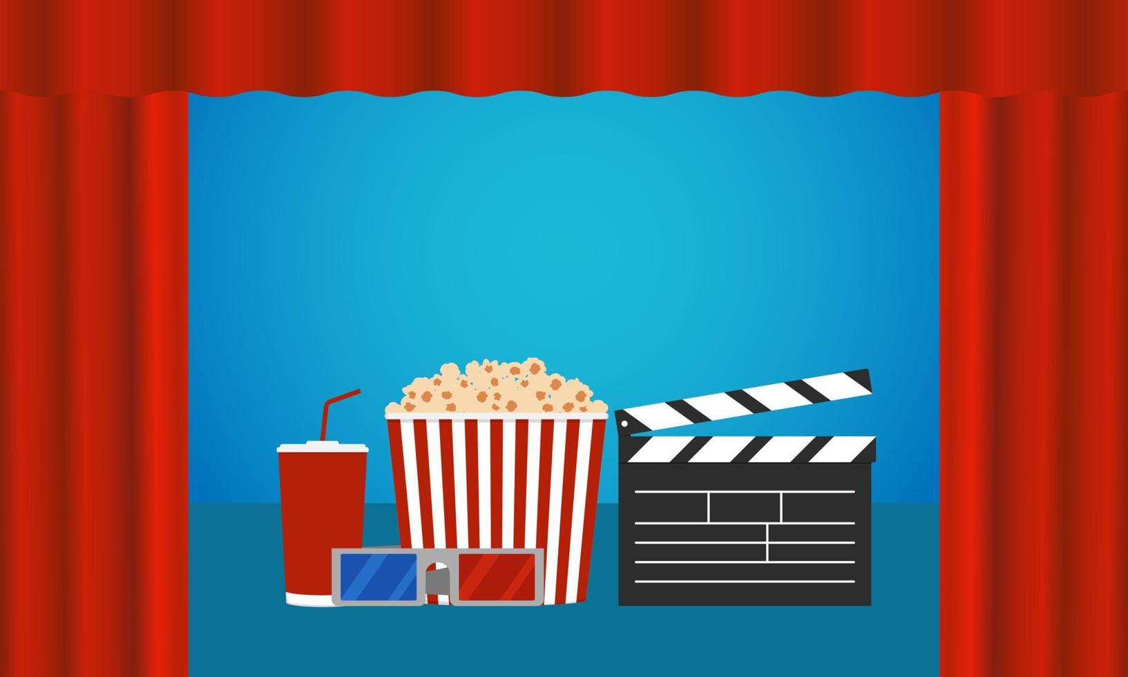 film manifesto. pubblicità bandiera con rosso teatrale veli. occhiali, bere, Popcorn e ciak. concetto. vettore illustrazione