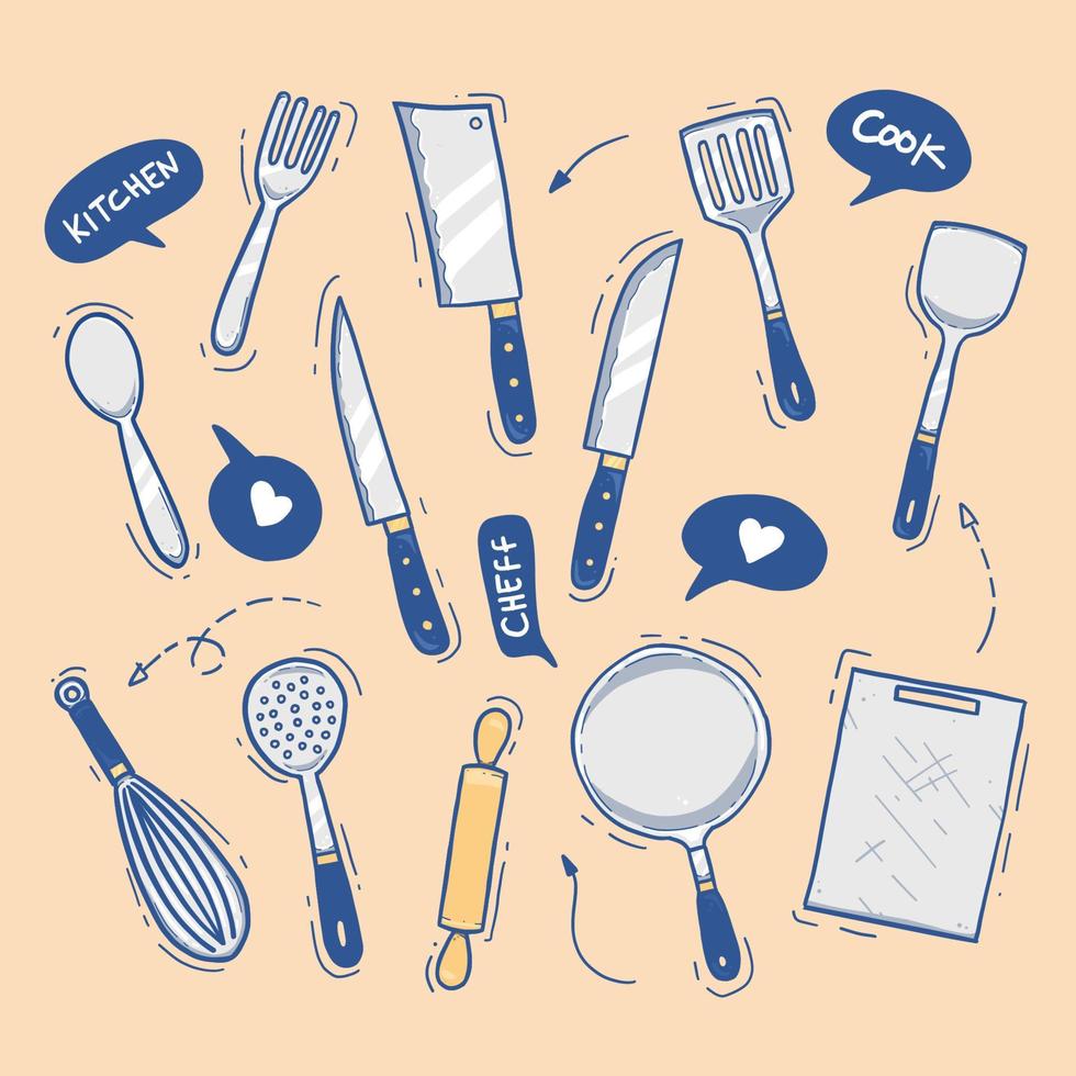 mano disegnato moderno vario cucinando utensile cucina utensili vettore impostato