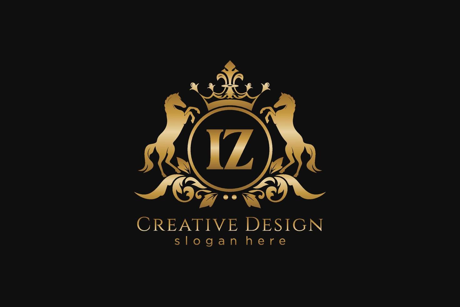 iniziale iz retrò d'oro cresta con cerchio e Due cavalli, distintivo modello con pergamene e reale corona - Perfetto per lussuoso il branding progetti vettore