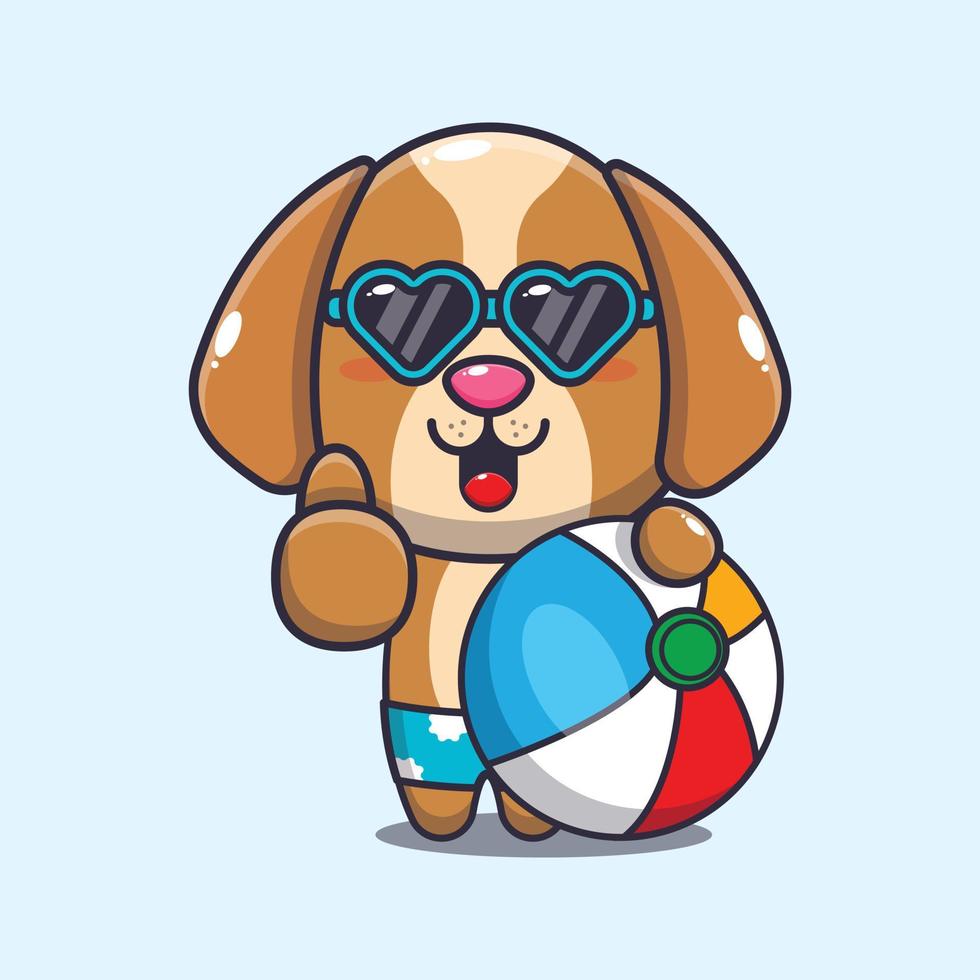 carino cane nel occhiali da sole con spiaggia palla cartone animato illustrazione vettore
