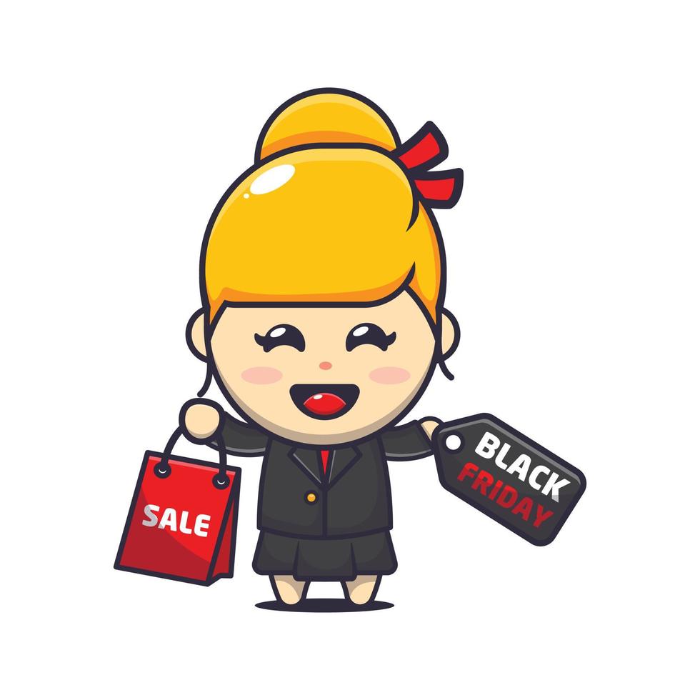 carino attività commerciale donna nel nero Venerdì vendita cartone animato portafortuna illustrazione vettore