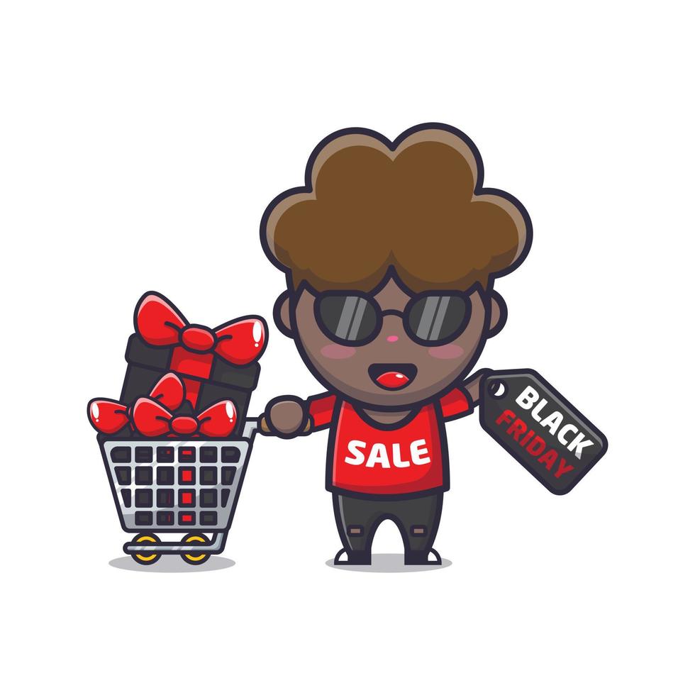 carino afro ragazzo nel nero Venerdì vendita cartone animato portafortuna illustrazione vettore