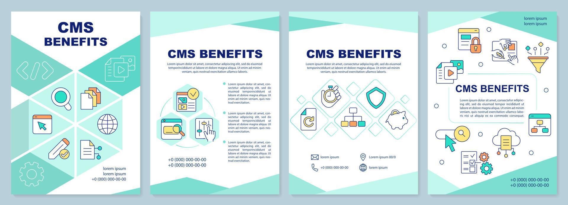 cms benefici menta opuscolo modello. sito web sviluppo. volantino design con lineare icone. modificabile 4 vettore layout per presentazione, annuale rapporti.