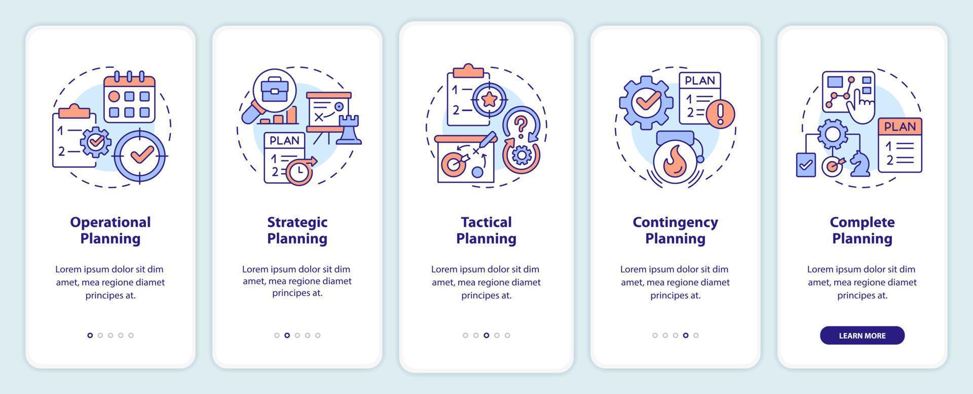 tipi di piani onboarding mobile App schermo. attività commerciale sviluppo Procedura dettagliata 5 passaggi modificabile grafico Istruzioni con lineare concetti. ui, ux, gui modello. vettore