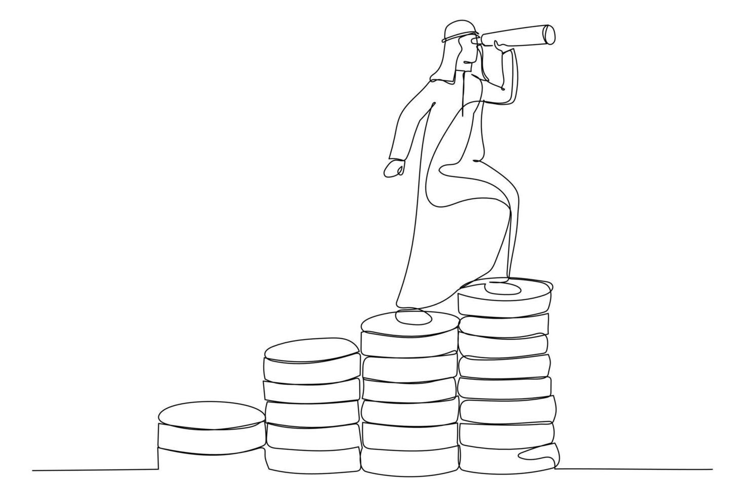 cartone animato di arabo uomo d'affari capo su raccolta i soldi pila utilizzando telescopio o cannocchiale guardare inoltrare per attività commerciale opportunità. continuo linea arte stile vettore