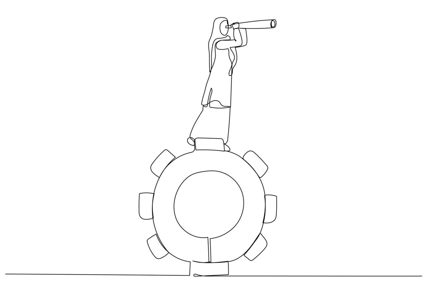 illustrazione di musulmano donna d'affari in piedi su ingranaggi sembra attraverso un' telescopio.. uno linea arte stile vettore