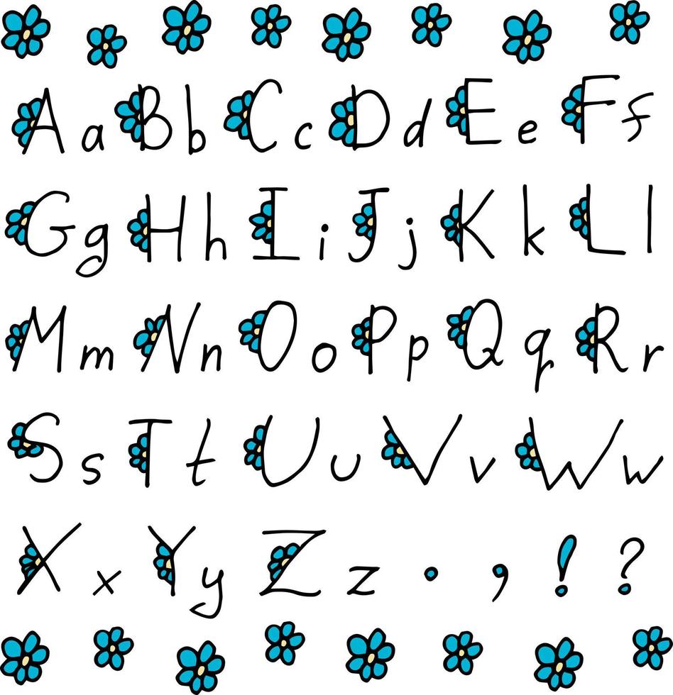 alfabeto e numeri con blu fiori su bianca sfondo. vettore Immagine.