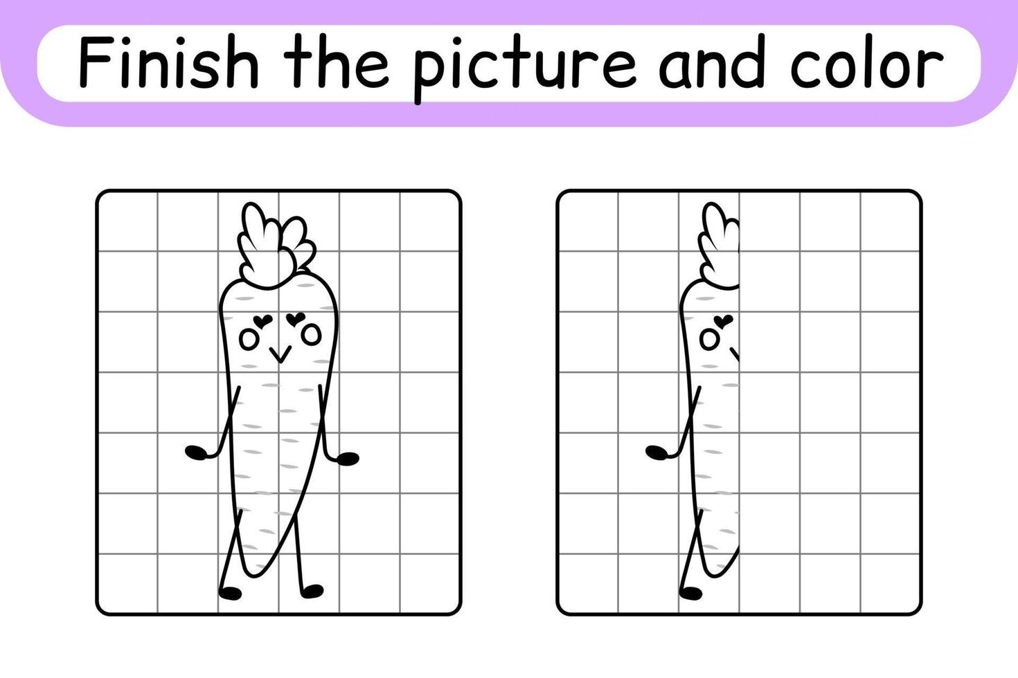 completa l'immagine carota. copia l'immagine e il colore. finire l'immagine. libro da colorare. gioco educativo di disegno per bambini vettore