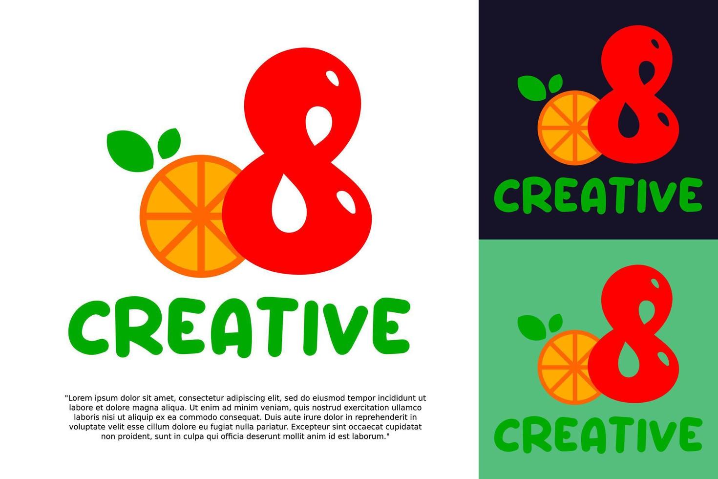 iniziale numero 8 con arancia frutta logo vettore concetto elemento, numero 8 logo con biologico arancia