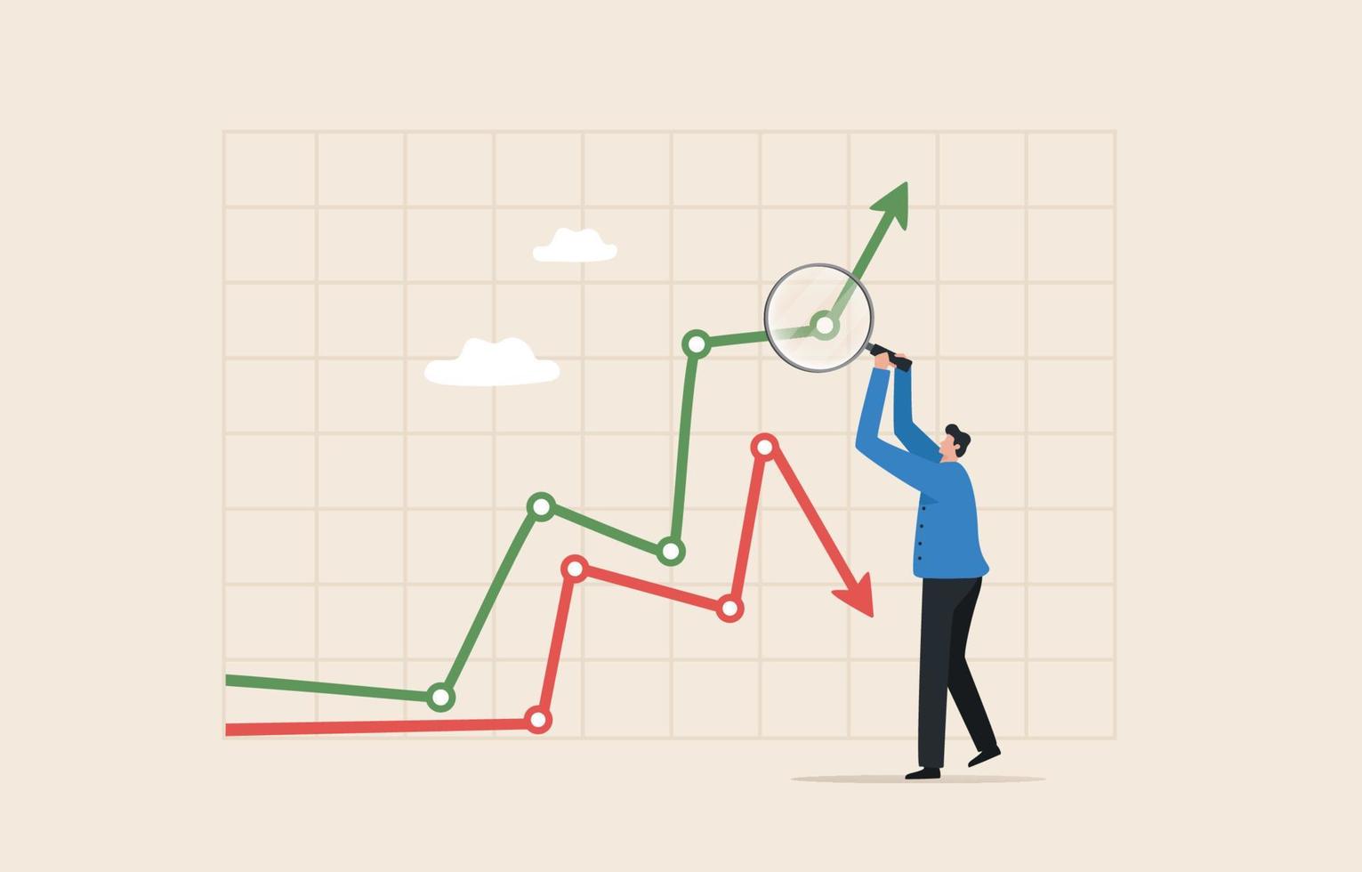 uomo d'affari guardare per investimento opportunità in piedi su crescita grafico. profitto azione mercato. azione mercato dati analisi finanziario ricerca specialista. vettore