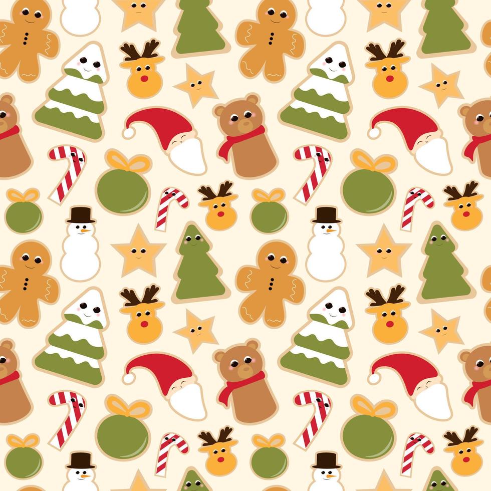 Natale biscotti senza soluzione di continuità modello su leggero giallo sfondo per involucro carta o tessile, carino dolci, inverno vacanze attributi, animale personaggi vettore