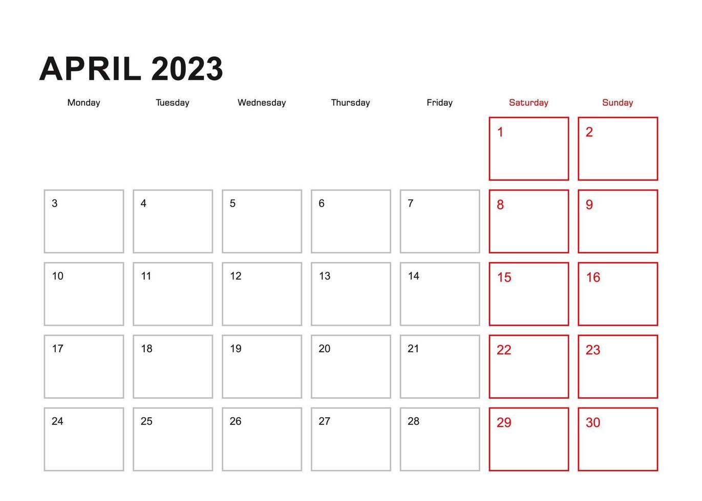 parete progettista per aprile 2023 nel inglese linguaggio, settimana inizia nel lunedì. vettore