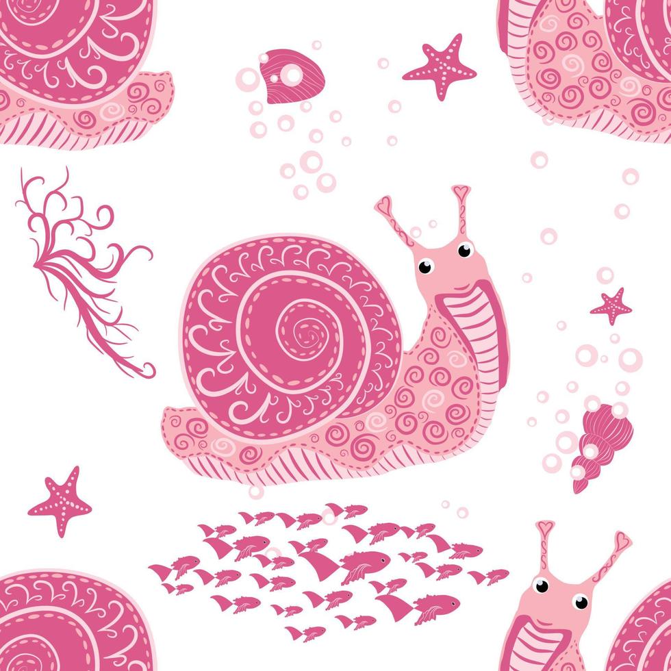 lumaca rosa, mare abitanti senza soluzione di continuità modello, bellissimo personaggio tra conchiglie, alga marina, stella marina vettore