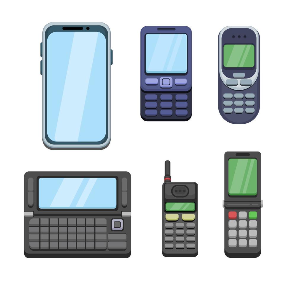 mobile Telefono Evoluzione telecomunicazione tecnologia simbolo collezione impostato cartone animato illustrazione vettore