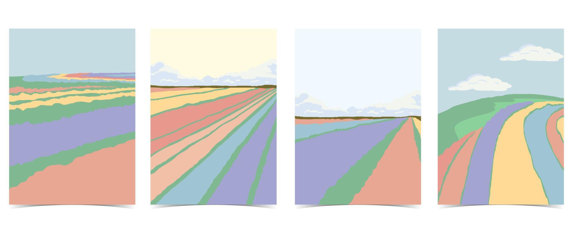 biglietto di auguri di viaggio con fiori, campo e cielo vettore