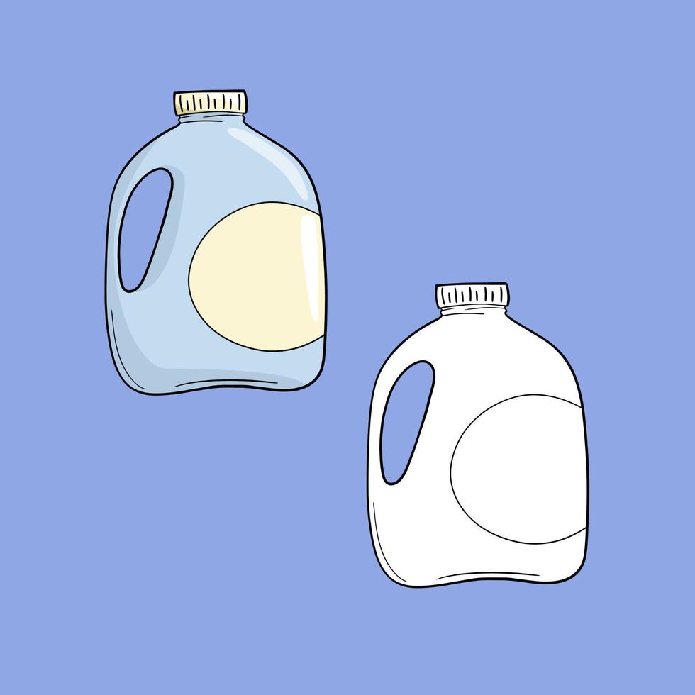 un' impostato di immagini, un' grande leggero plastica contenitore con latte, un' latte bottiglia, un' vettore illustrazione nel cartone animato stile su un' colorato sfondo