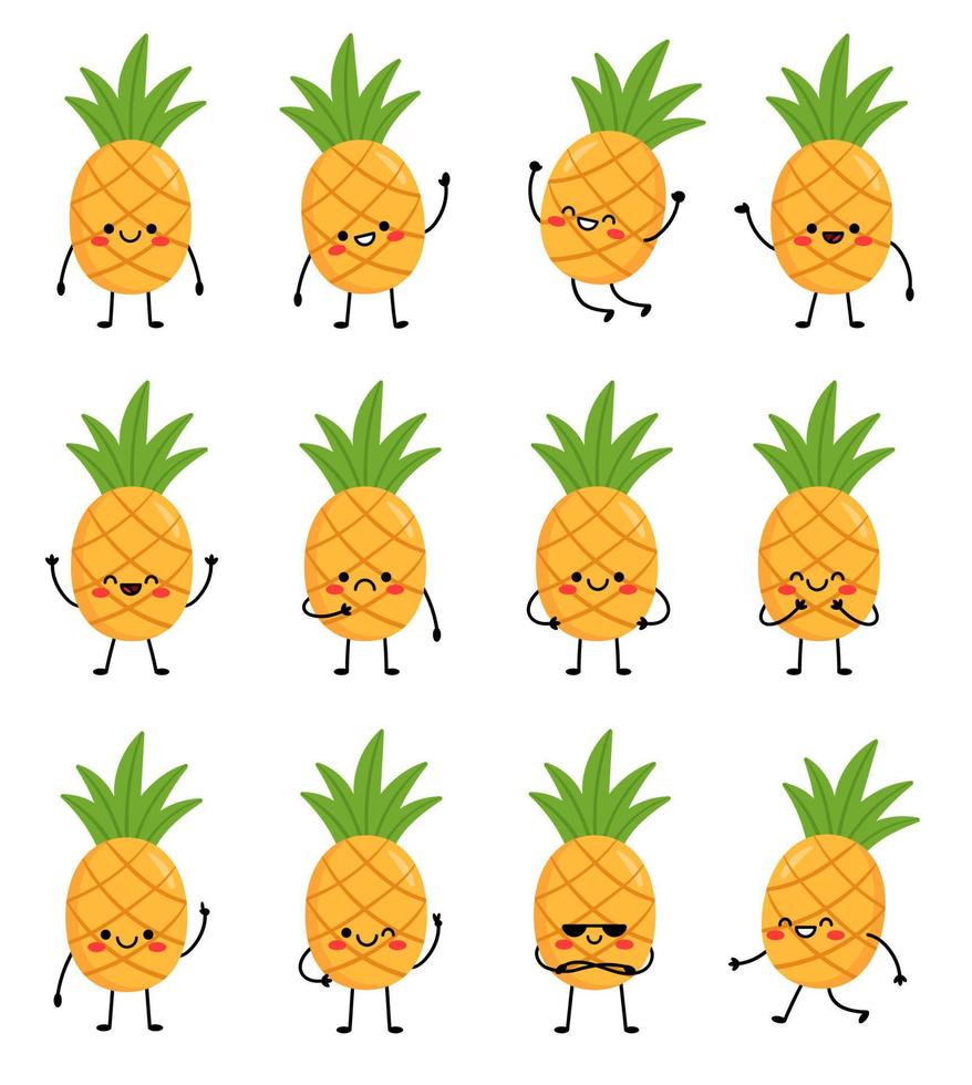 grande impostato carino cartone animato personaggi ananas. ananas con braccia e gambe, con diverso emozioni. vettore illustrazione isolato su bianca sfondo