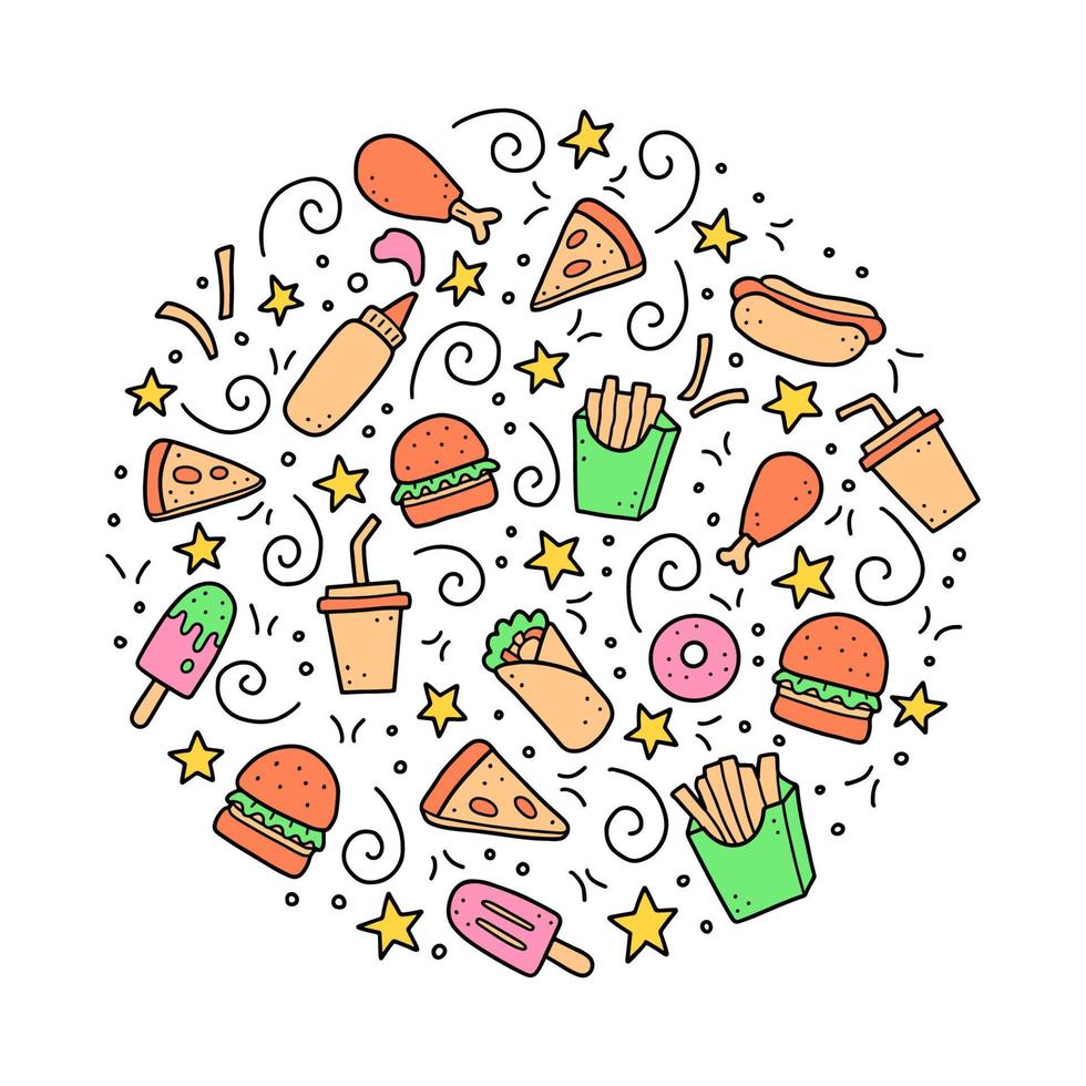 set di doodle disegnato a mano fast food. illustrazione vettoriale. vettore