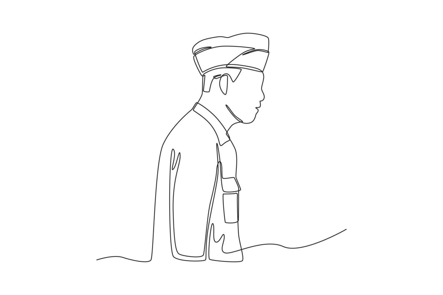 uno continuo linea disegno di maschio veterano nel uniforme con berretto. veterani giorno concetto. singolo linea disegnare design vettore grafico illustrazione.