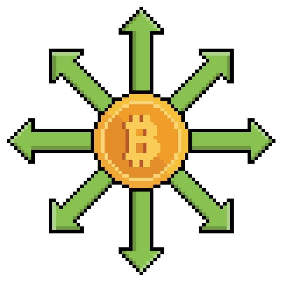 pixel arte bitcoin con direzione frecce, bitcoin espansione vettore icona per 8 bit gioco su bianca sfondo