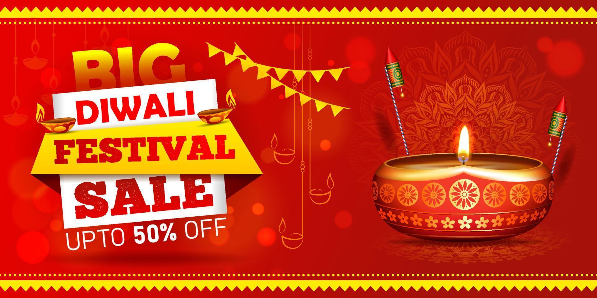 grande Diwali Festival vendita sconto bandiera design con diya illustrazione vettore