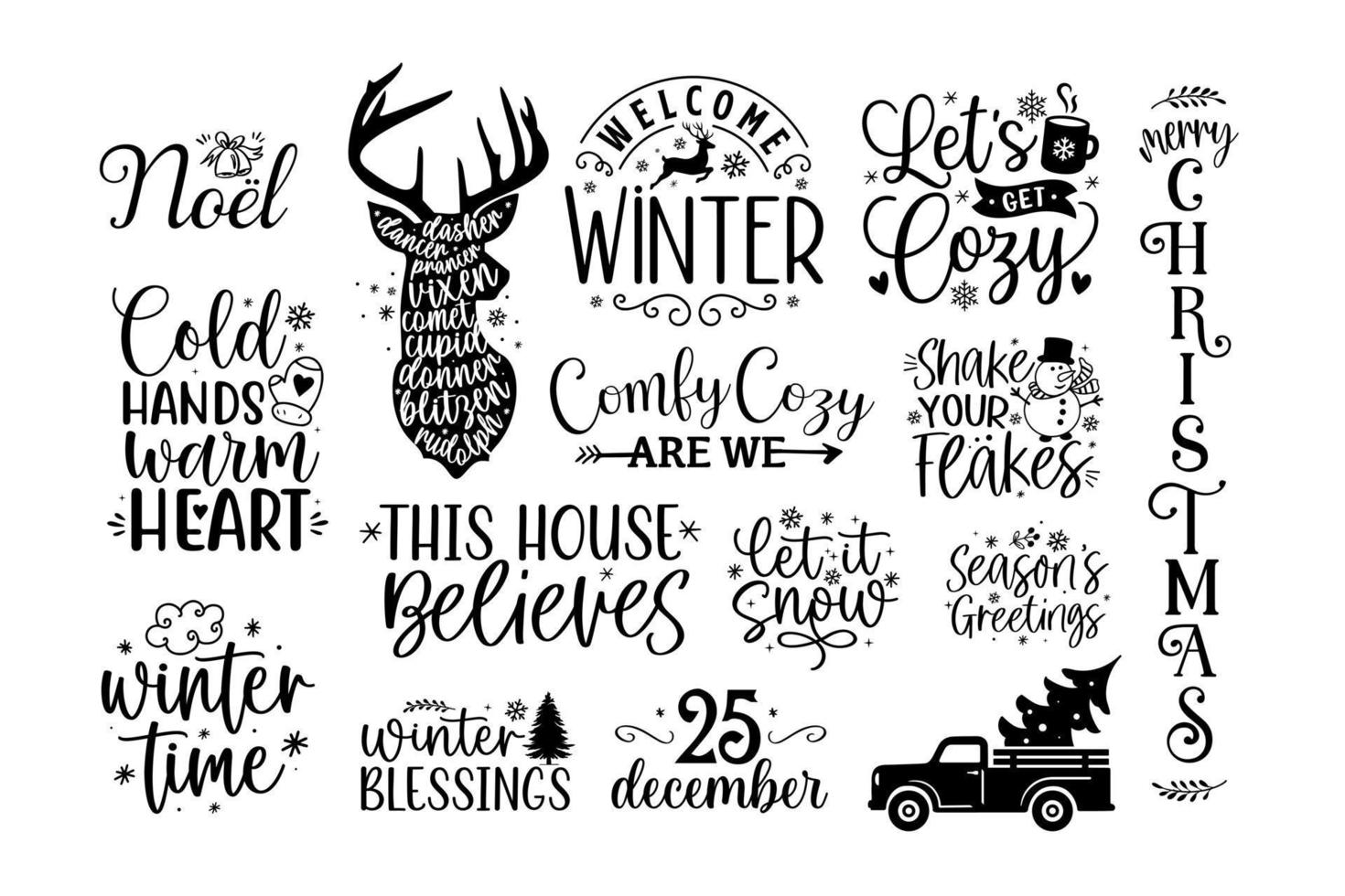 Natale e inverno lettering calligrafia vettore impostare. disegnato a mano lettering manifesto per Natale. allegro Natale inverno citazioni calligrafia lettering isolato su bianca sfondo, vettore illustrazione.