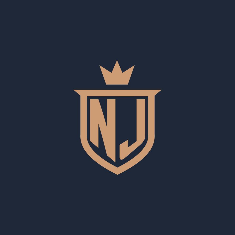 nj monogramma iniziale logo con scudo e corona stile vettore