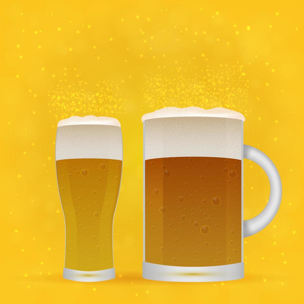 realistico bicchiere e boccale di birra su luminosa giallo arancia sfondo. leggero birra chiara birra schiuma e bolle. oktoberfest tema. pub o fabbrica di birra vettore illustrazione.