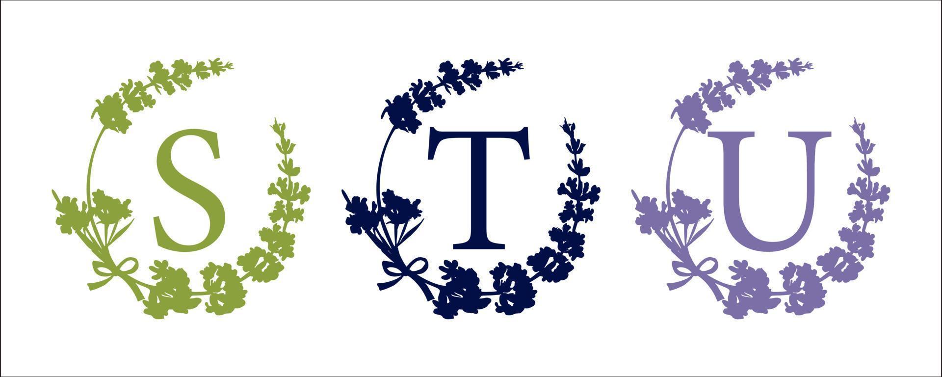 S t u lettera. impostato moderno disegnato a mano silhouette schizzo illustrazioni. lavanda fiore ghirlanda con alfabeto monogramma. bene idea per nozze arredamento. Vintage ▾ vettore tipografico emblema, logo, etichetta design.