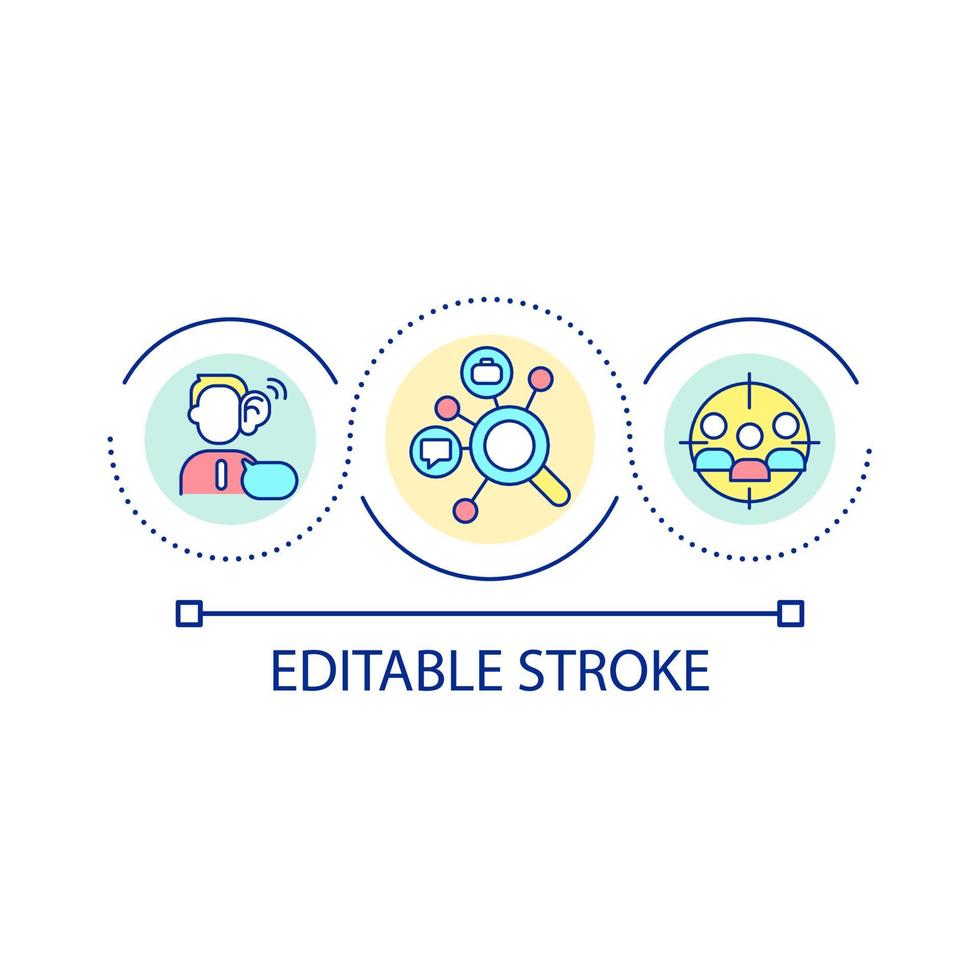 bersaglio pubblico analisi ciclo continuo concetto icona. apprendimento cliente preferenze astratto idea magro linea illustrazione. indagare consumatore scelte. isolato schema disegno. modificabile ictus. vettore