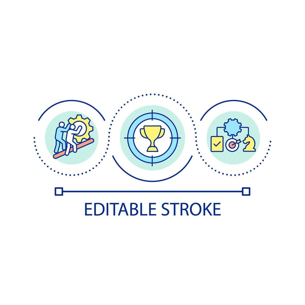 ambientazione e raggiungimento obiettivi ciclo continuo concetto icona. strategico pianificazione astratto idea magro linea illustrazione. miglioramento squadra membri cooperazione. isolato schema disegno. modificabile ictus. vettore