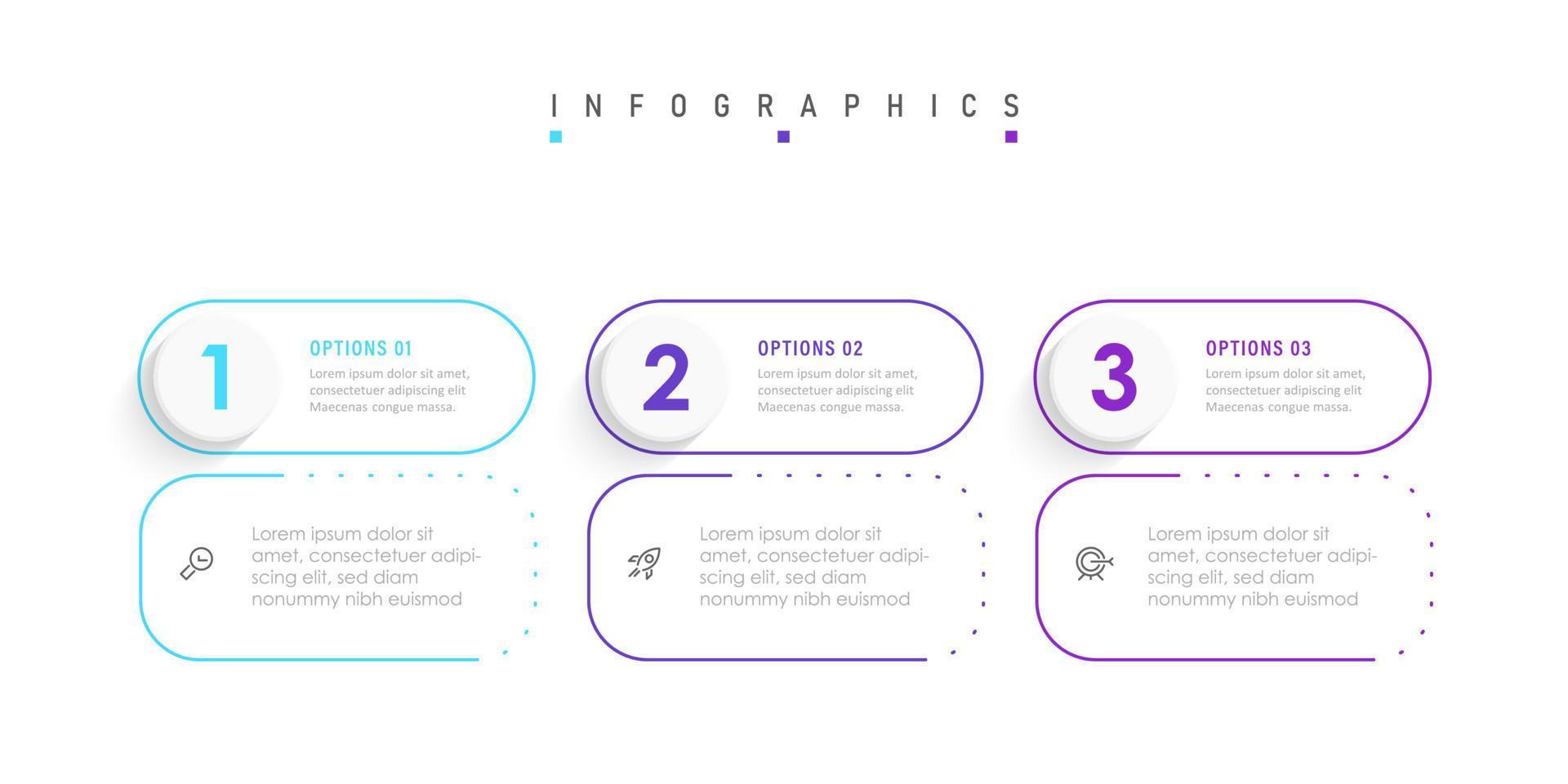 modello di progettazione di etichetta infografica vettoriale con icone e 3 opzioni o passaggi. può essere utilizzato per diagramma di processo, presentazioni, layout del flusso di lavoro, banner, diagramma di flusso, grafico informativo.