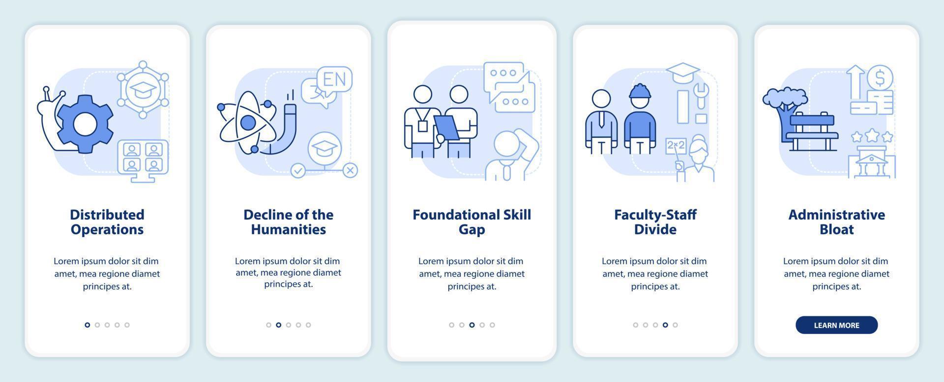 i problemi nel più alto formazione scolastica leggero blu onboarding mobile App schermo. Procedura dettagliata 5 passaggi modificabile grafico Istruzioni con lineare concetti. ui, ux, gui modello. vettore