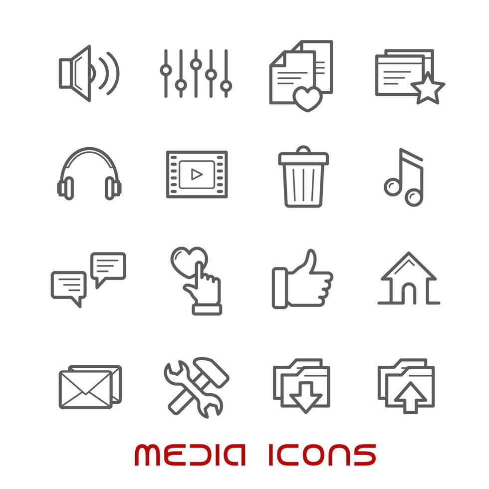 multimedia e media magro linea icone vettore