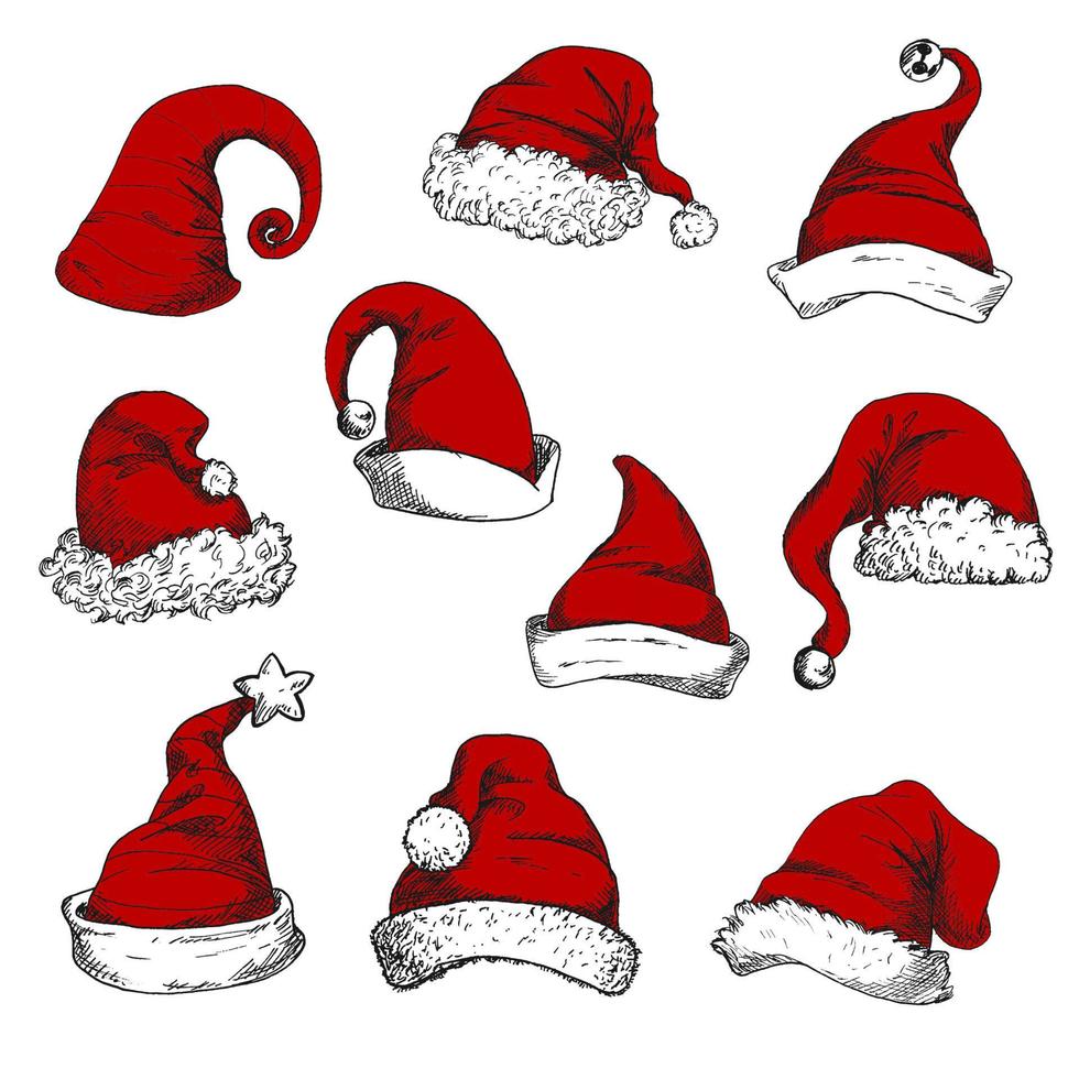 Santa Natale rosso cappelli impostato vettore