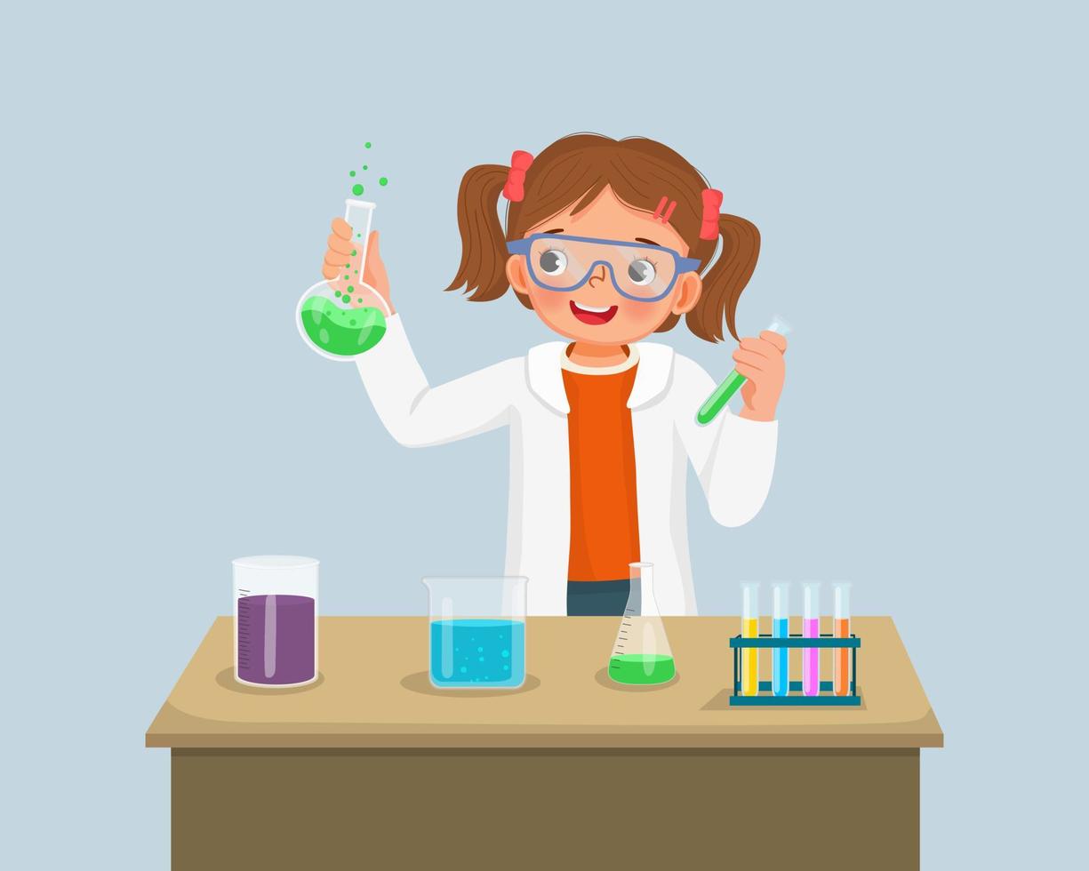 carino poco ragazza scienziato con sicurezza occhiali Tenere chimico liquido nel fiaschi fare scienza progetto chimica sperimentare nel il laboratorio vettore