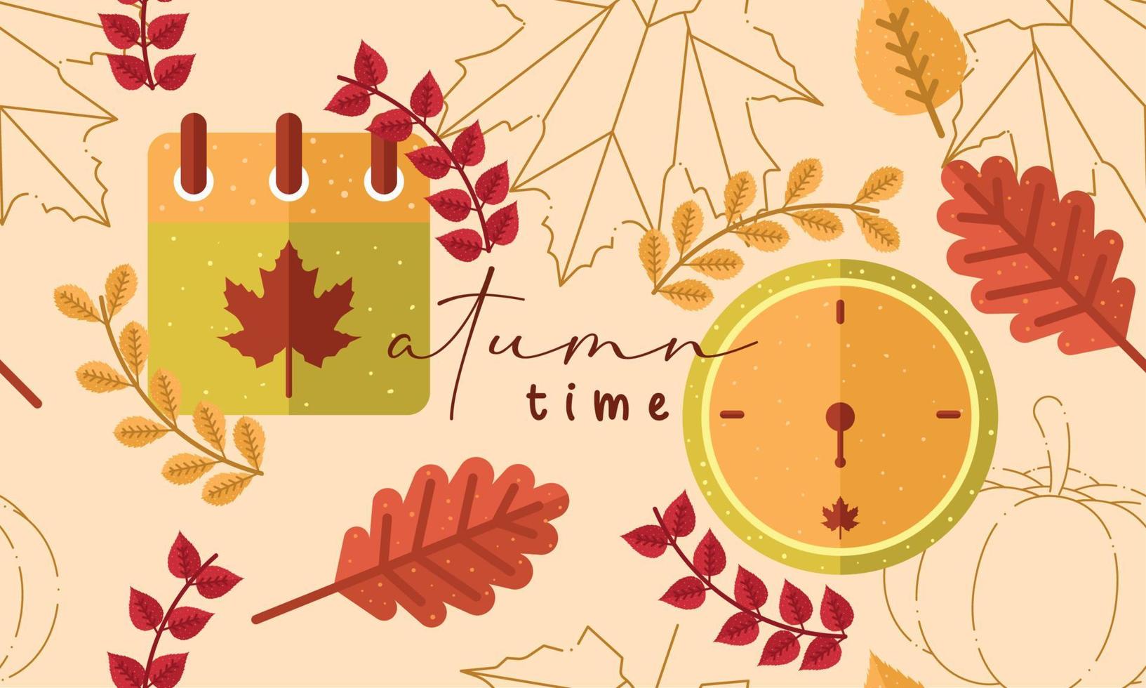 colorato autunno senza soluzione di continuità modello sfondo con orologio e calendario vettore illustrazione