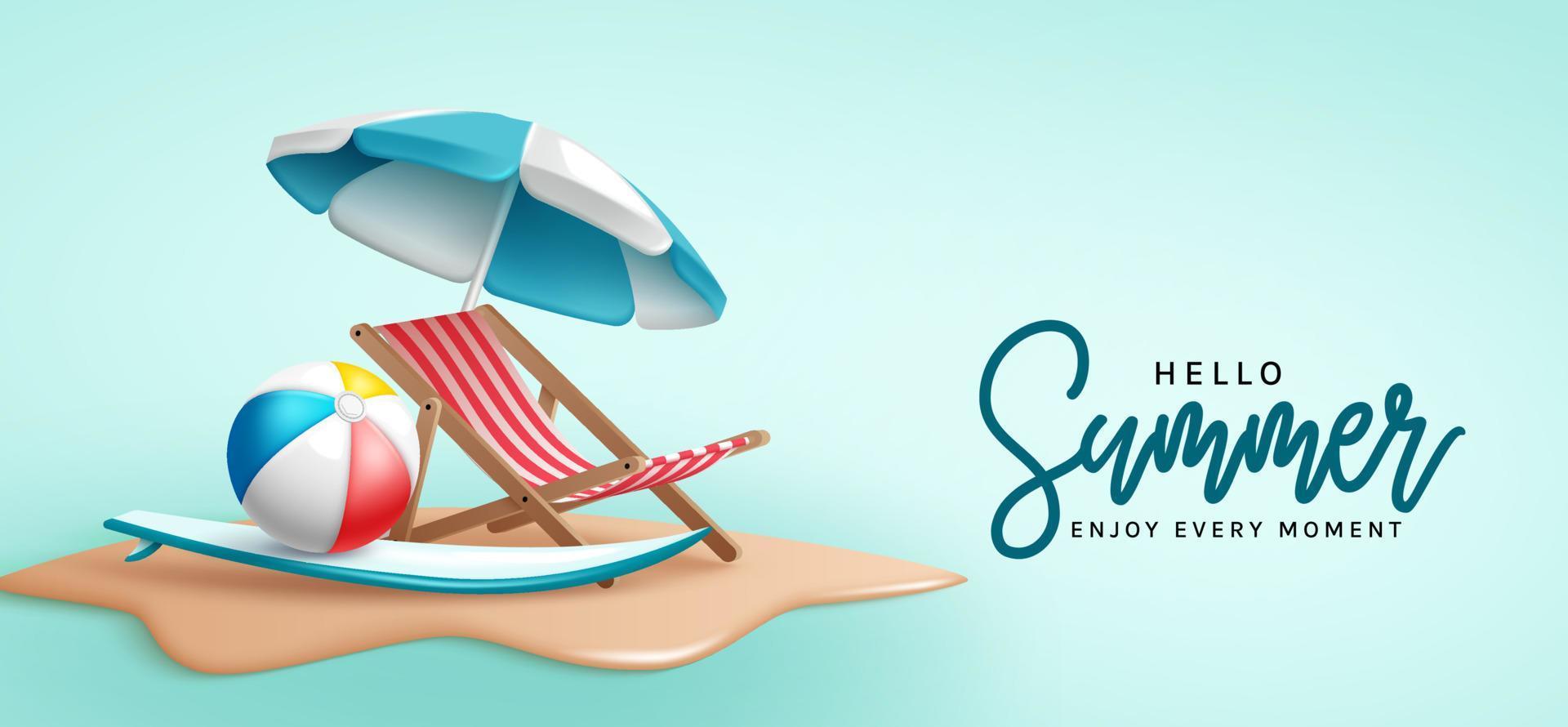 Ciao estate vettore design. Ciao estate testo con sedia, ombrello e spiaggia palla tropicale elementi nel minimalista blu colore per rilassare vacanza stagione. vettore illustrazione.