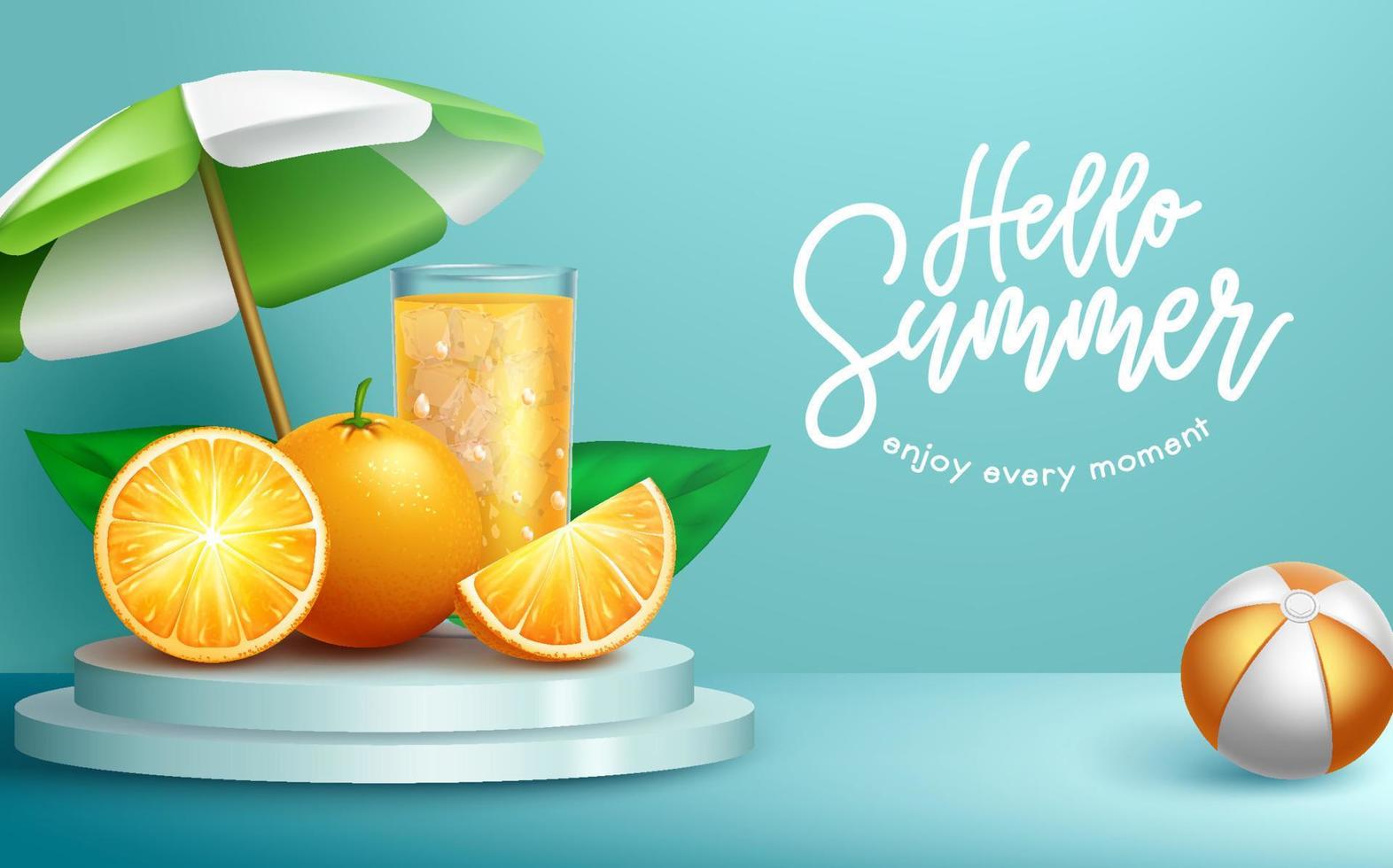 estate vacanza vettore design. Ciao estate testo nel blu sfondo con arancia rinfresco succo per tropicale stagione rilassare vacanza opuscolo. vettore illustrazione.