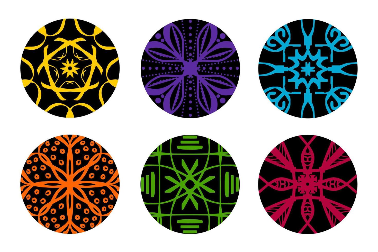 colorato geometrico e mano disegno ornamenti con tribale forma nel nero cerchio. progettato nel ikat, boho, azteco, gente, motivo, zingaro, Arabo stile. elementi per il tuo design. vettore illustrazione.