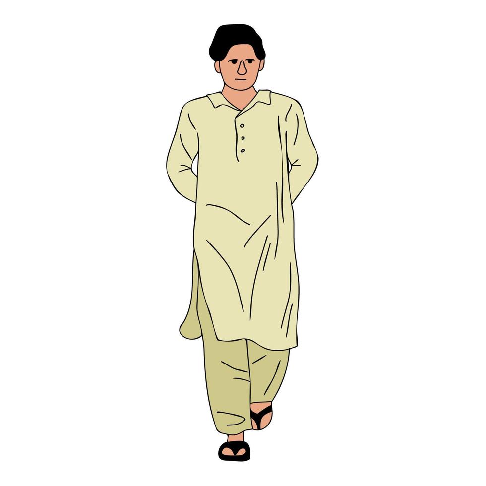 giovane pakistano uomo indossare shalwar kameez, Kurta. Sud Asia tradizionale vestire, musulmano maschio a piedi stoffa vettore illustrazione