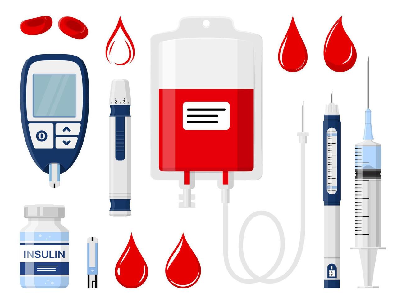 diabete, sangue donazione e insulina iniezione vettore