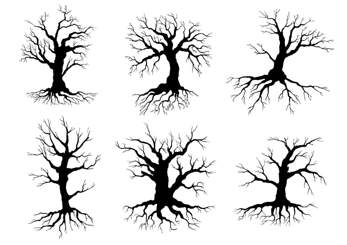 vecchio albero icone sagome con radici vettore